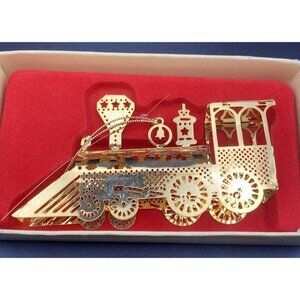 Russ Berrie 1986 Gold Tone Train Ornament Box Vintage Christmas Locomotive